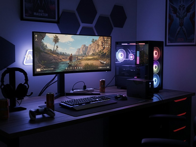 Gaming PC with monitor on the desk