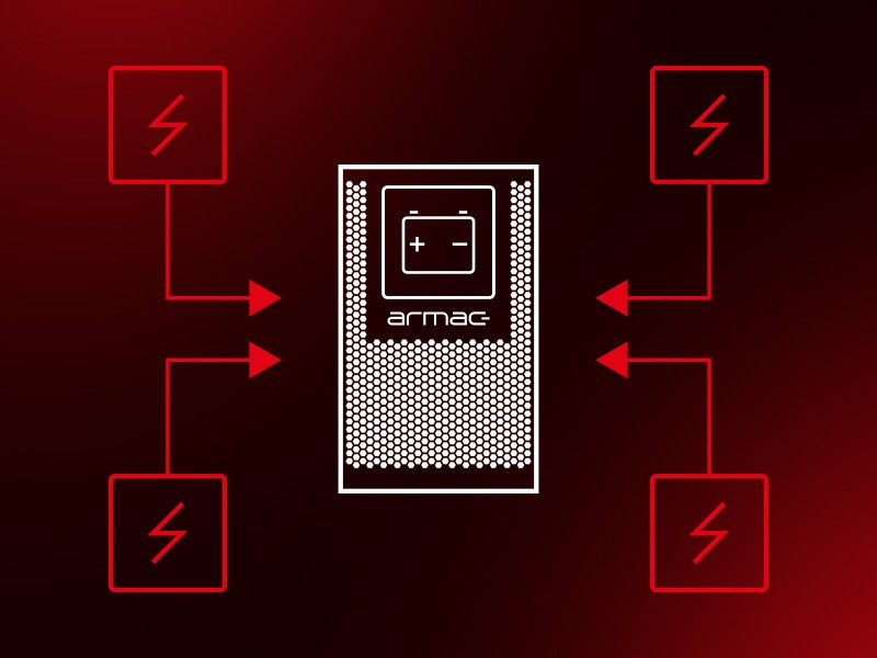 Diagram of a UPS with power icons showing stable backup power supply.
